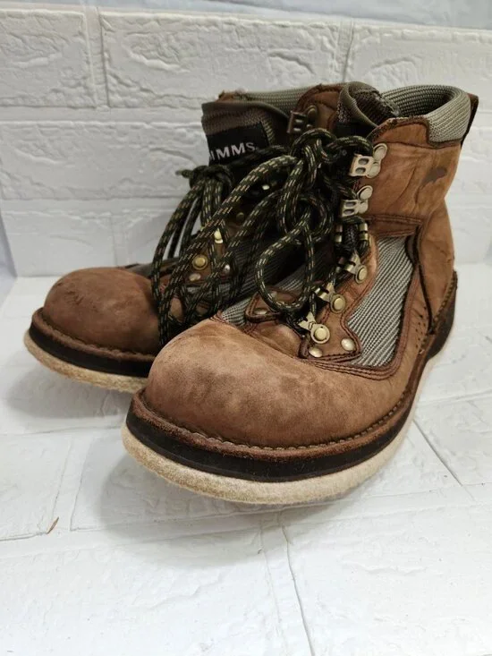 Simms Fishing Wading Boots Men Size 9 Brown Suede Felted Sole Lace Up High Top