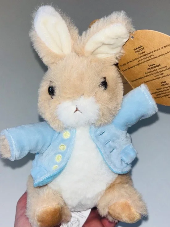 Plush Bunny in Light Blue Jacket - Soft Beige Rabbit Stuffed Toy