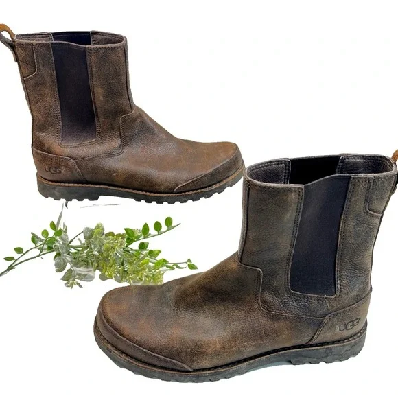 UGG Mens Herrick Chelsea Boots Dark Brown Leather Mens Size 12‎ Pull On Rugged