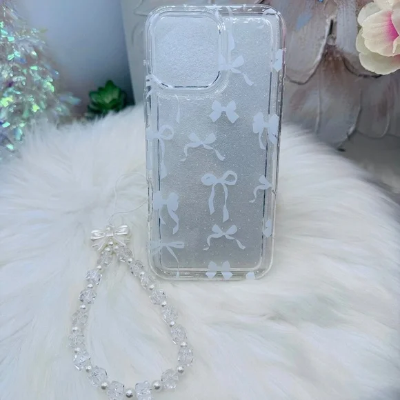 Chic iPhone 16 Pro Max White Bow Theme Clear Case w/ matching bead charm