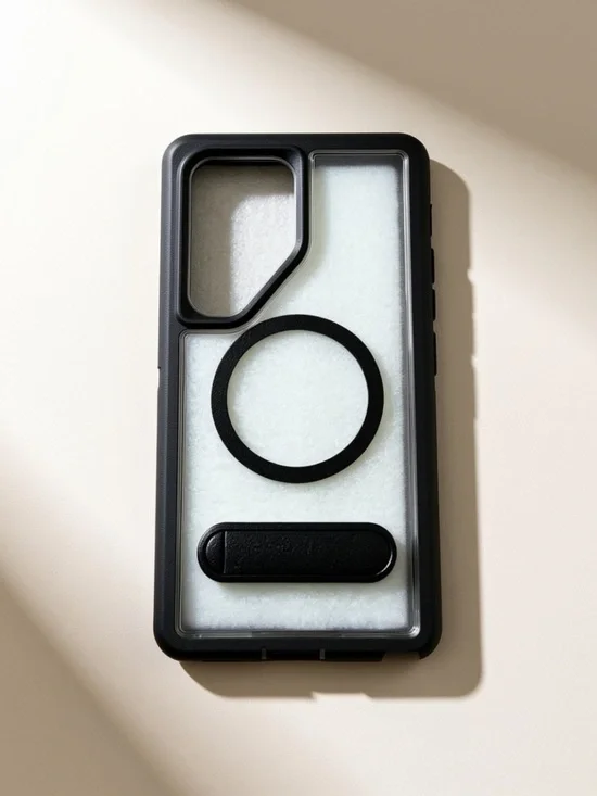 Black Clear Magnetic Ring Phone Case with Kickstand for Samsung S25 Ultra.