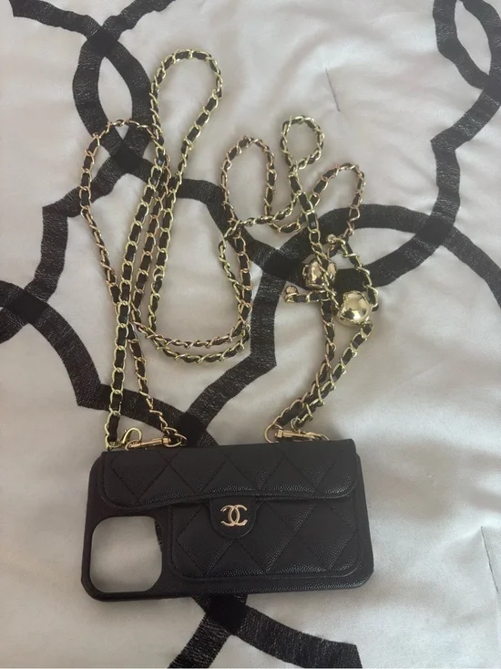Black Quilted Leather Phone Crossbody Case with Gold Chain