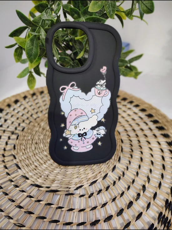 Kids Cute Bear Silicone IPhone 14 Pro Case - Black with Pink Design