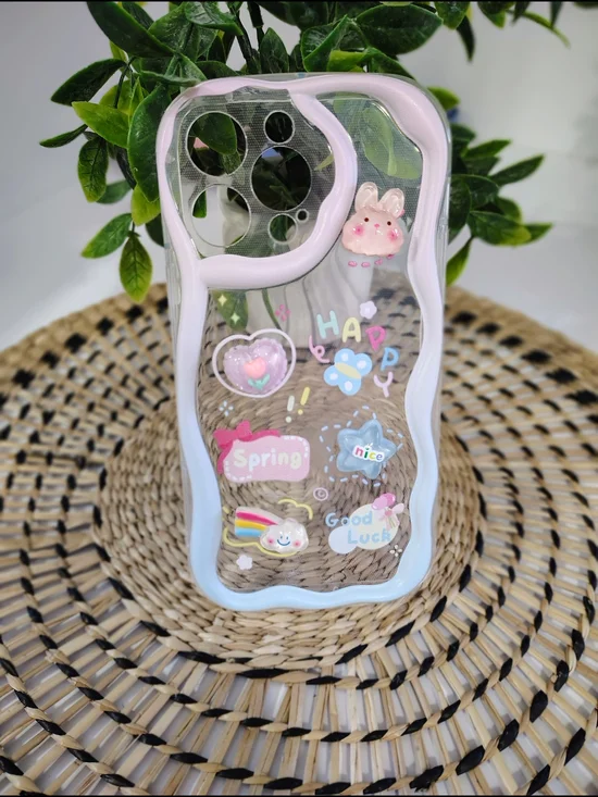 Cute Pastel Bunny & Spring Sticker Clear IPhone 14 Pro Case - Pink & Blue Trim
