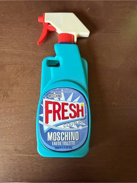 Moschino Turquoise Spray Bottle Phone Case with Red and Cream Accents