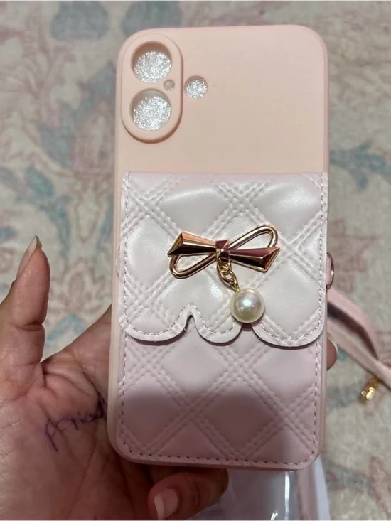 Pink Quilted Bow Pearl Phone Case Card Holder