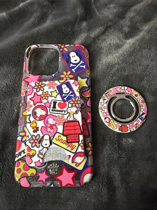 Velvet Caviar Pink Multicolor Snoopy Sticker-Print Phone Case with Matching Ring