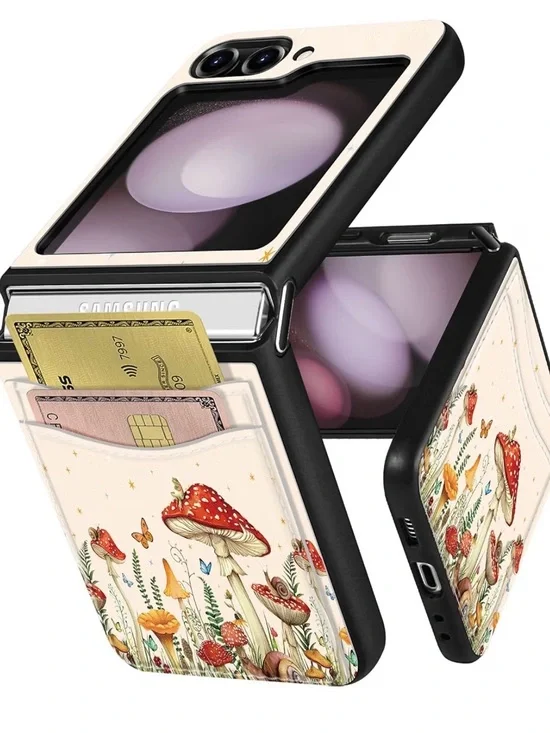 Galaxy Z Flip 5 Wallet Phone Case with Mushroom Floral Design - Cream