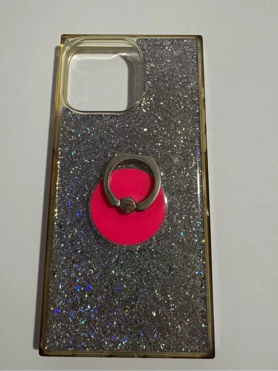 Glitter Sparkle Phone Case with Pink Ring Holder. iPhone 15 Pro Max.