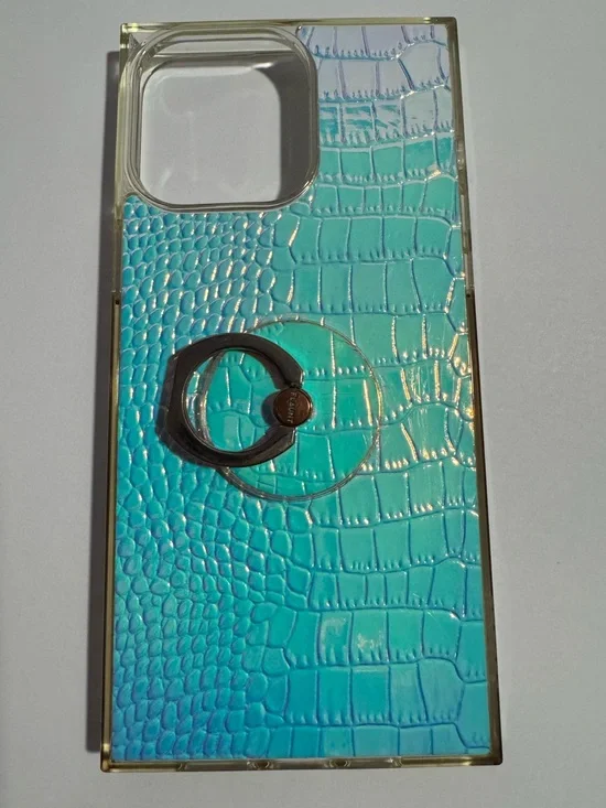 Turquoise Croc-Texture Phone Case with Metal Ring Holder