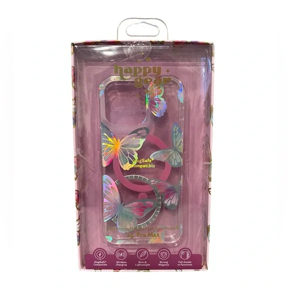 NIB Butterfly Silver/Pink/Clear iPhone 15 Pro Max Wireless Charging Slim Case