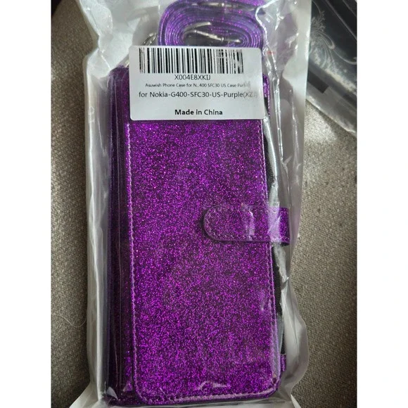 Asuwish Purple Glitter Wallet Case for Nokia G400 Crossbody Strap Zipper Pocket‎