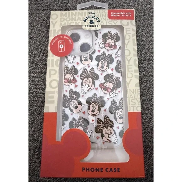Disney x Skinnydip Minnie Mouse Leopard Bow iPhone 13 14 15 Glitter Case NEW