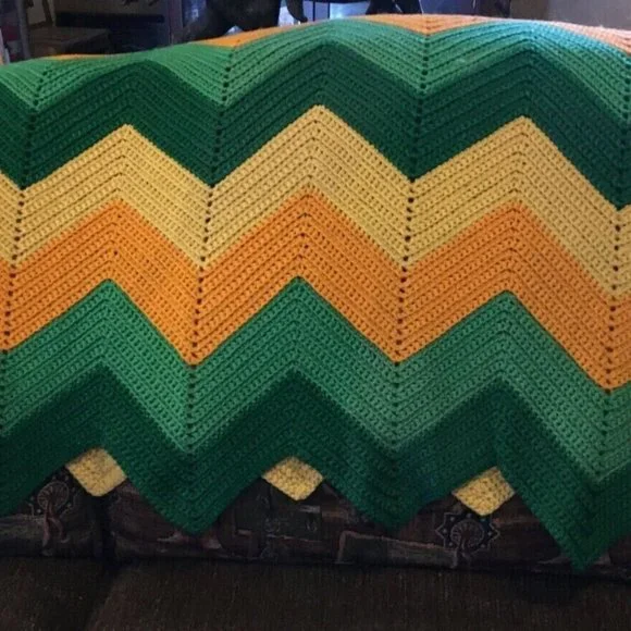 Vintage Afghan Crochet Blanket Throw Chevron Zig Zag Yellow Orange Green 80 x 46