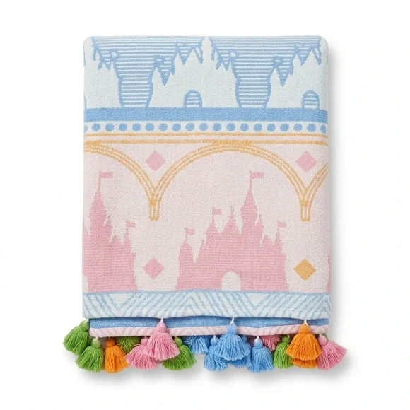 Disney Parks Fantasyland Castle Pastel‎ Knit Throw Blanket Tassels 72x60 Cotton