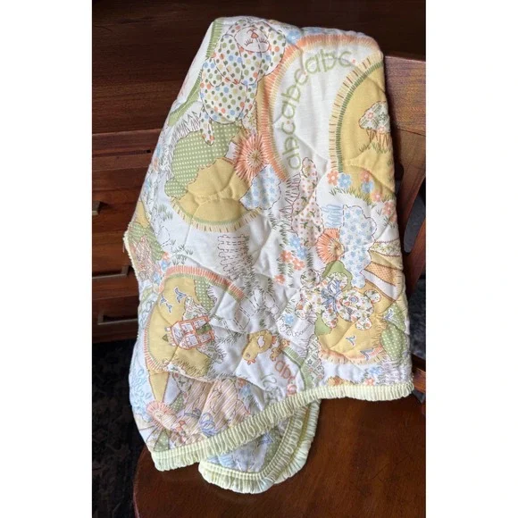 Vintage 1970s Sears Baby Blanket Quilt ABC 123 Bunny Duck Cat Yellow Green Retro