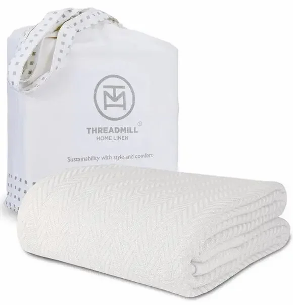 Threadmill Home Linen Cotton King Blanket, All-Season 106x92, White