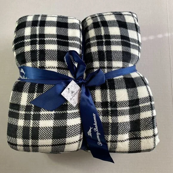 Tommy Bahama 50X 70 Black and White Flannel Sherpa Throw/Blanket