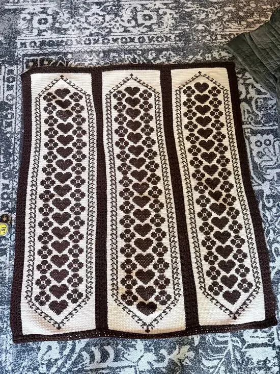 Handmade Vintage Heart & Flowers Motif Crochet Cream & Brown Throw Blanket 54x45