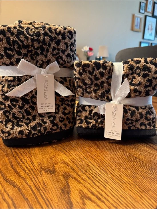 Rachel Zoe Leopard Print Cotton Towels - Black and Tan