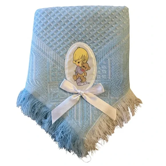 Vintage 1999 Precious Moments Blue Waffle Knit Baby Blanket Fringe Teddy Bear