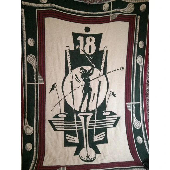 Rare Vintage Golf Theme Throw Blanket Golfer Clubs Number 18‎ Sports Decor 73x48