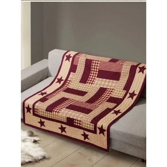 Primitive Burgundy Star Printed Quilted Throw Blanket Farmhouse Cottagecore