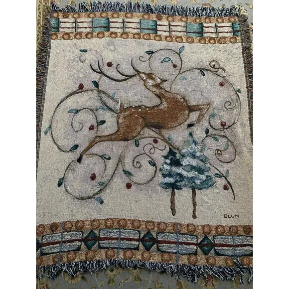 Cheri Blum Leaping Deer Tapestry Throw Blanket Afghan 58x48 Cotton‎ Reversible