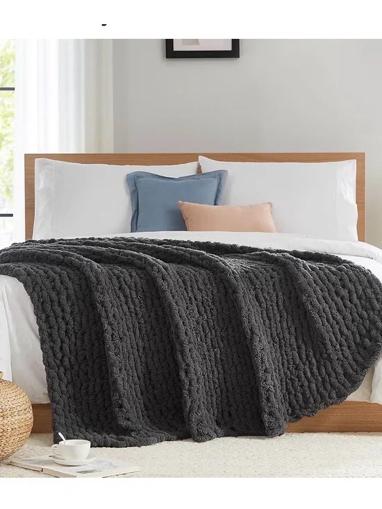 Chunky Cable Knit Throw Blanket - Dark Gray