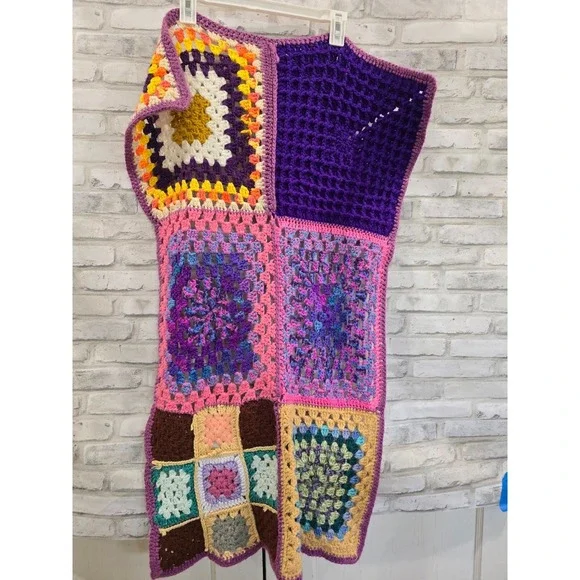 VTG Granny Square Afghan Baby Blanket Throw White‎ Multicolor Grannycore 23x40