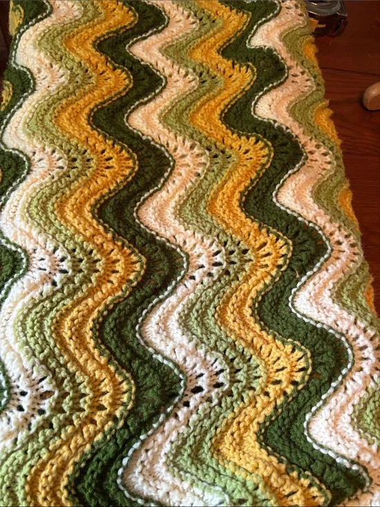 Handmade Chevron Crochet Blanket in Green, Yellow & Cream