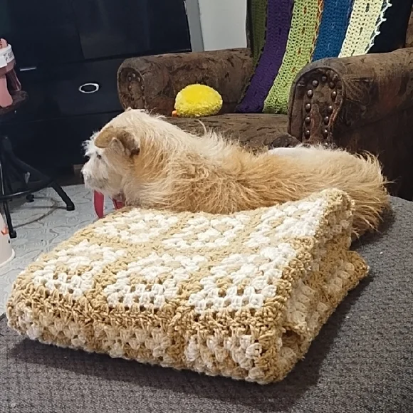 Cream and Tan Granny Square Afghan Blanket Light Colors Warm Blanket Handmade