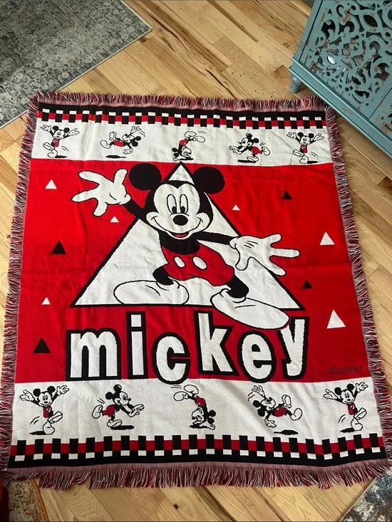 Vintage Disney Mickey Mouse Red Black White Graphic Throw Blanket with Fringe