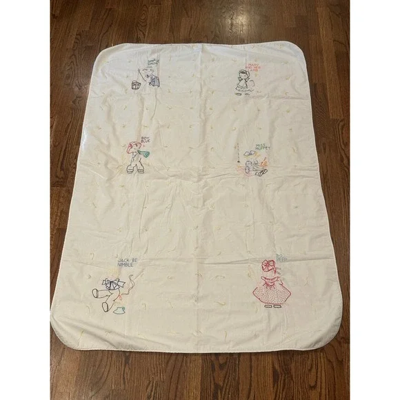 Unbranded Nursery Rhyme Baby Bed Blanket White Hand Embroidered Vintage Style