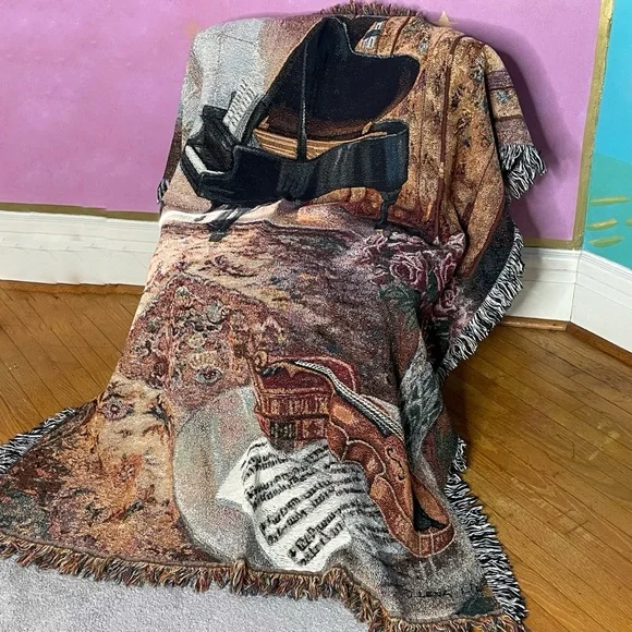 New Music Room Tapestry Throw Grand Piano & Violin Woven Blanket 50