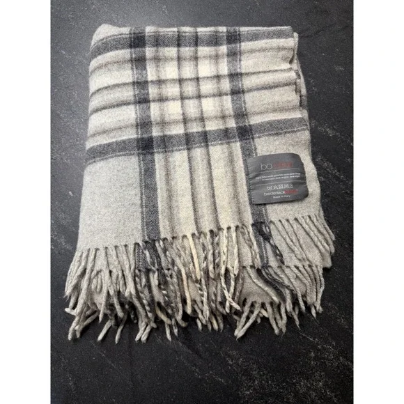 Bocasa Biederlack Italy 100% Pure New‎ Wool Plaid Throw Blanket Gray 48x54