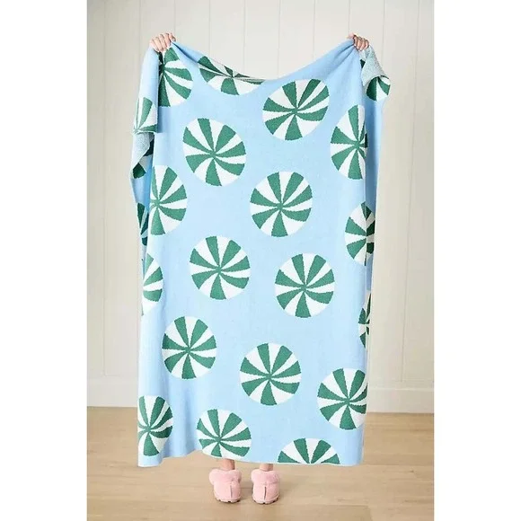 Anthropologie Throw Blanket Bonnie Jacquard 50x60 Blue Peppermint Holiday Knit