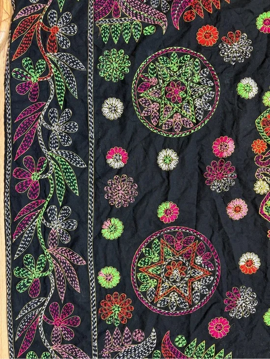 Embroidered Full Coverlet Throw Black Tapestry Neon Floral Print Boho