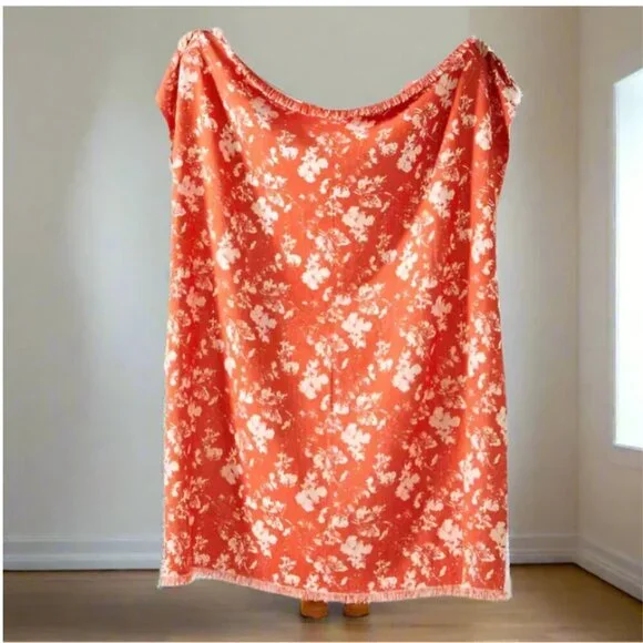 Anthropologie Large Floral Chenille Throw Blanket Orange Fringe Plush