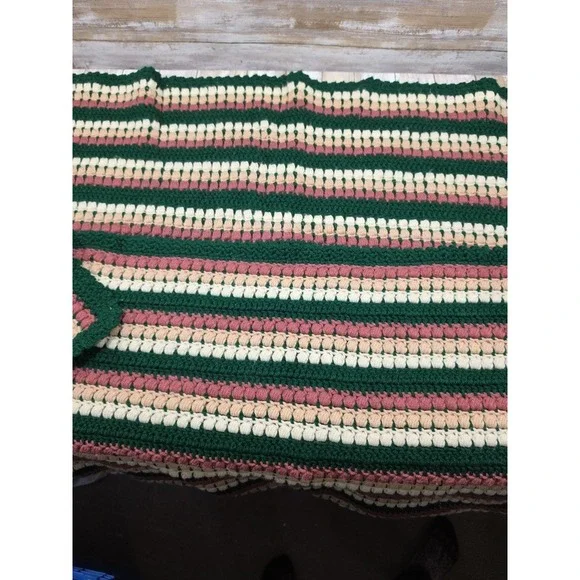 Vintage Handmade Crochet Afghan Blanket Green Pink Cream‎ Bobble Stitch Striped