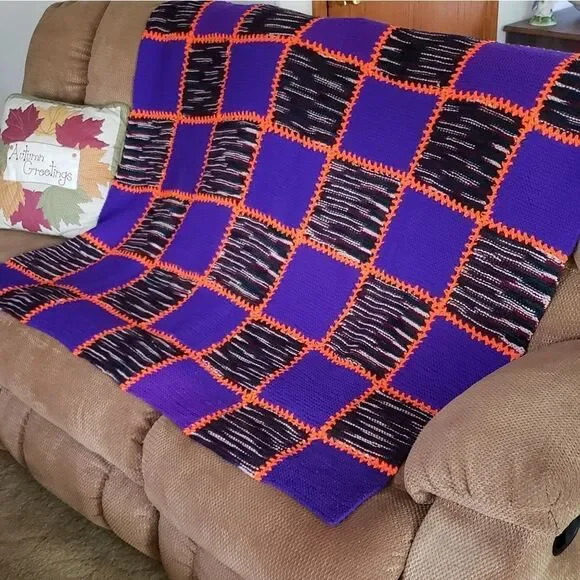 Vintage Hand Crocheted Blanket Halloween Colors