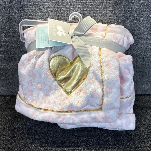 Just Born~Girls/Pink White Cheetah Leopard~Gold Heart~Baby Blanket~30