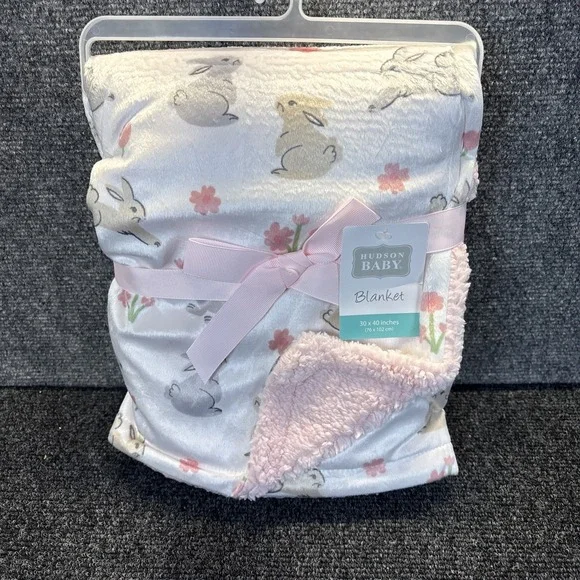Hudson Baby~White/Pink~Bunny~Baby Girl Blanket~40