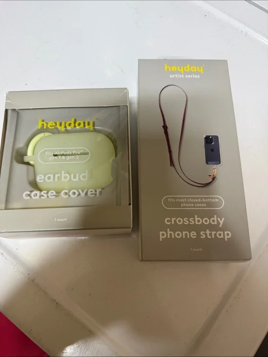 heyday earbud case cover & crossbody phone strap in light green and cream