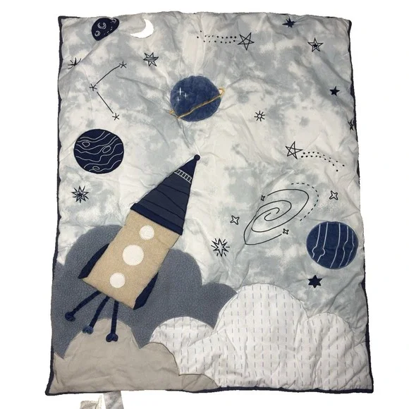 Lambs & Ivy Space‎ Quilt Celestial Rocket Shuttle Moon Stars Blue Baby Blanket