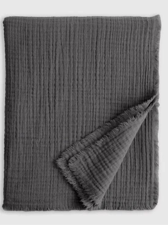 Organic Cotton Gauze Frayed Throw Blanket Charcoal Gray