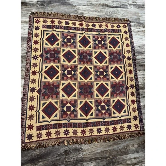 Vintage American Weavers Tapestry Star Patchwork Quilt Design Fringe Blanket
