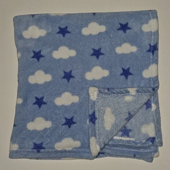 Snugly Baby Blue White Clouds Stars Fleece Baby Blanket 27