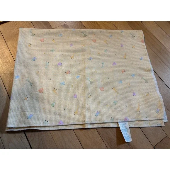 Vintage Carters  Baby Receiving Blanket Yellow Giraffe Elephant Tiger Zoo Print