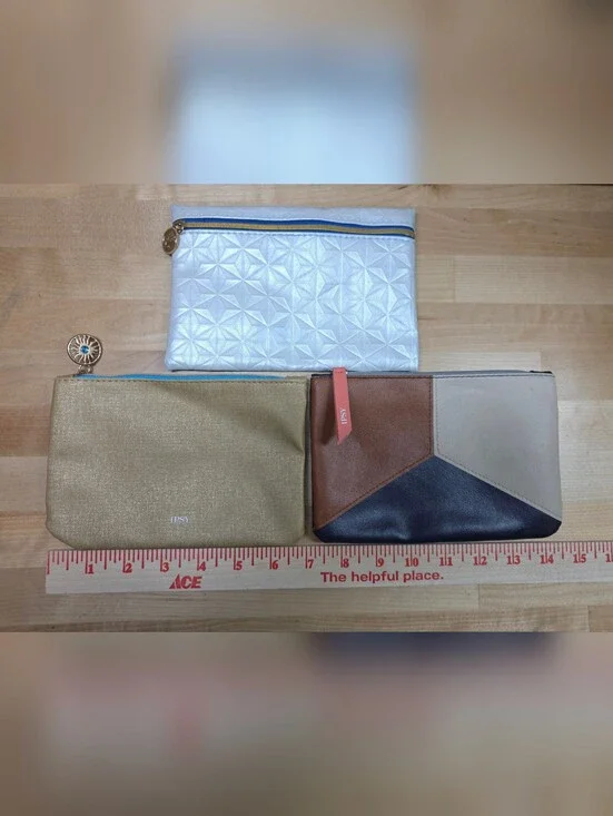 Lot of 3 Ipsy Makeup Bags / Pouches - White Quilted, Gold Metallic, Multi-Color